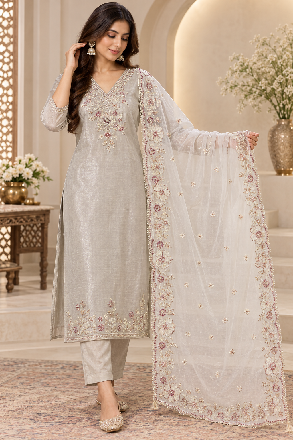 Ivory Pearl Floral Embroidered Kurta Set