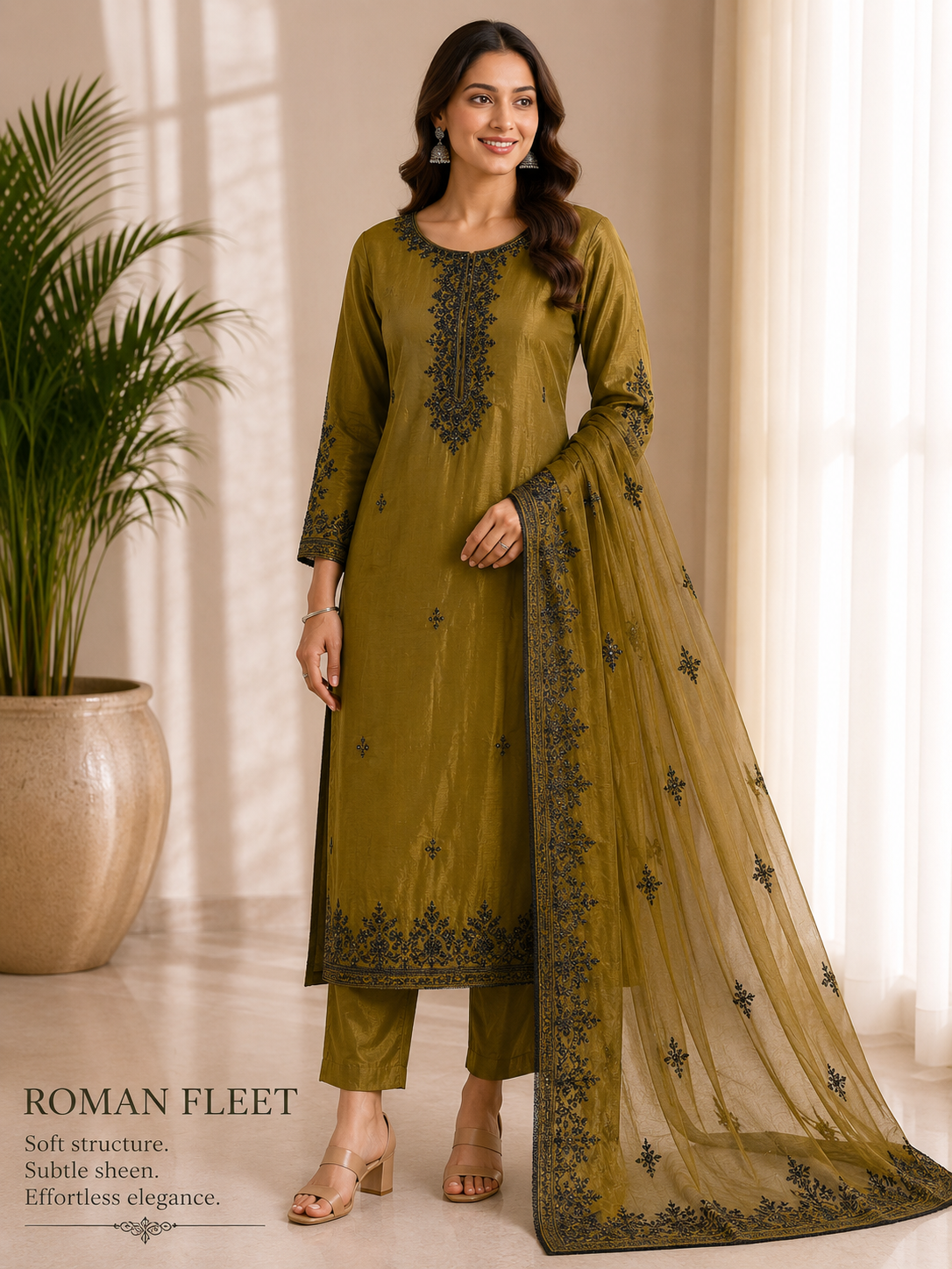 Antique Olive Navy Embroidered 3-Piece Kurta Set