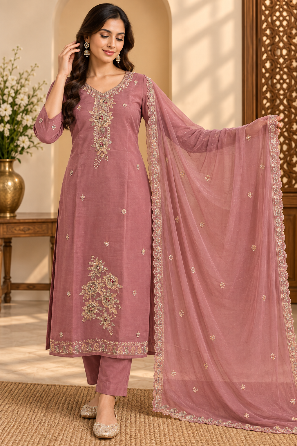 Dusty Rose Heritage Embroidered Kurta Set