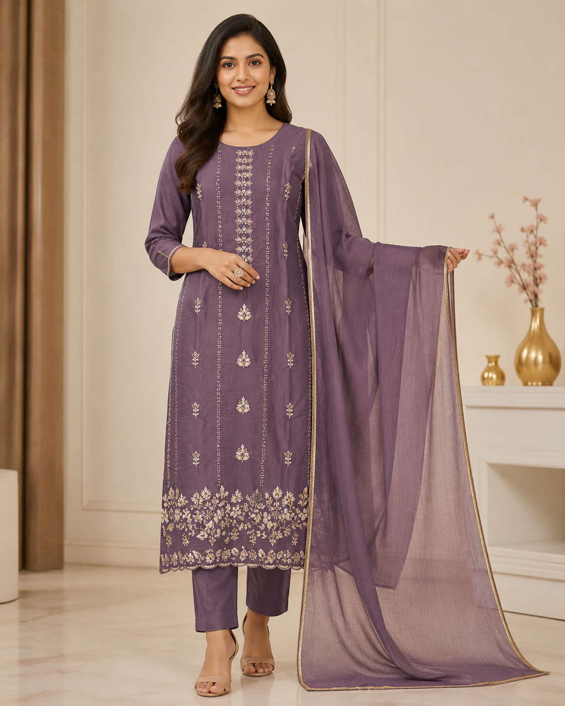 Vintage Mauve Gold Embroidered 3-Piece Kurta Set