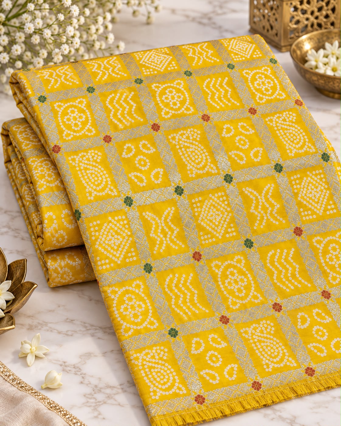 Mustard Yellow Bandhani Zari Check Fabric
