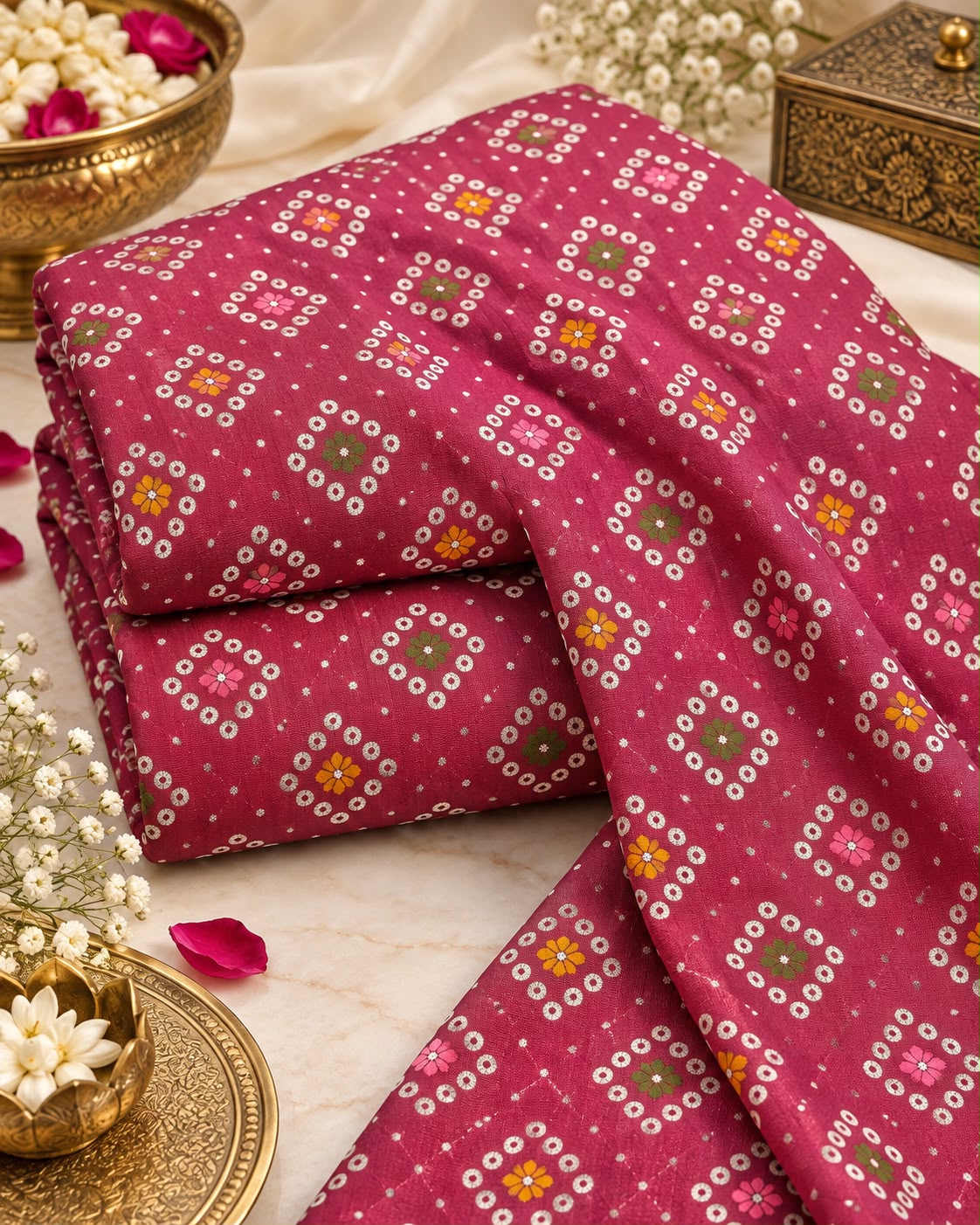 Rani Pink Bandhani Floral Butti Fabric