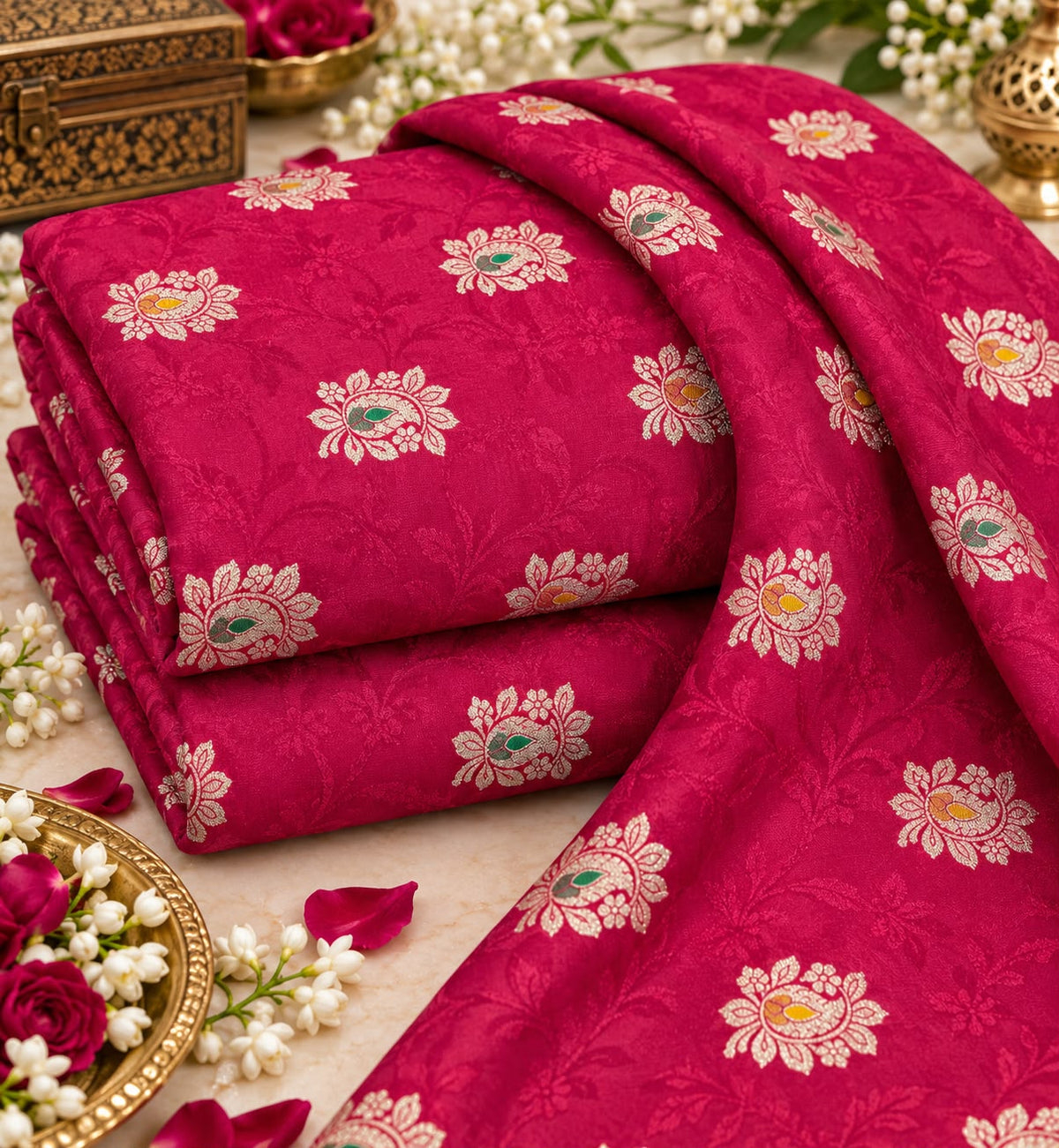 Rani Pink Floral Zari Butti Jacquard Fabric