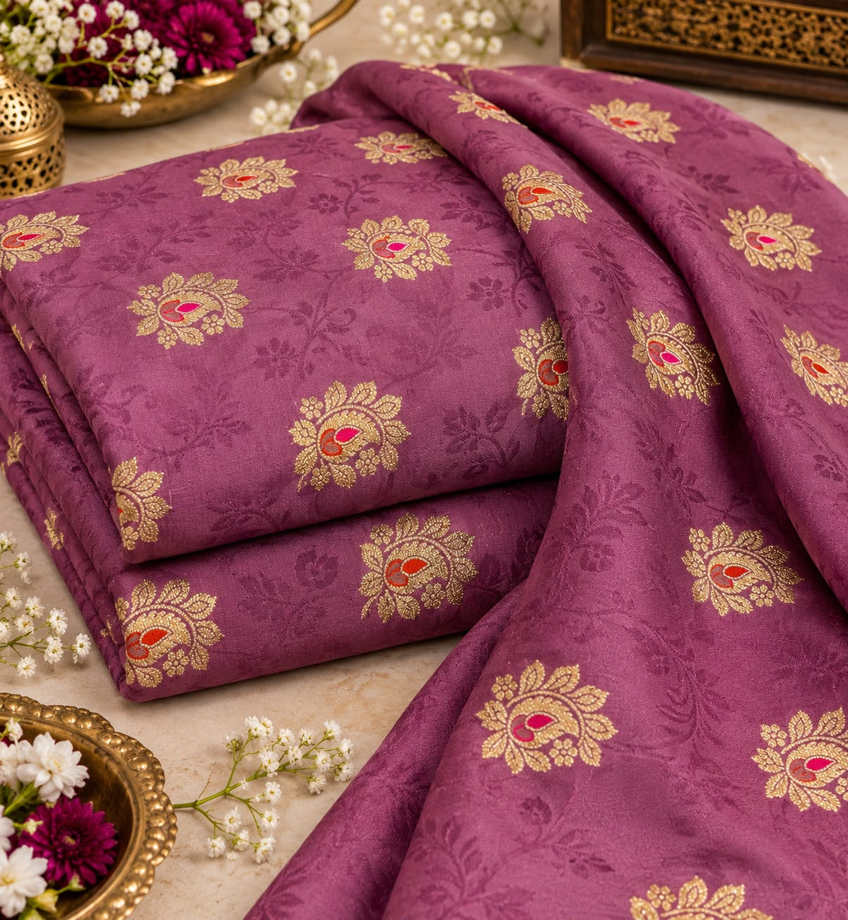 Mauve Purple Floral Zari Butti Jacquard Fabric