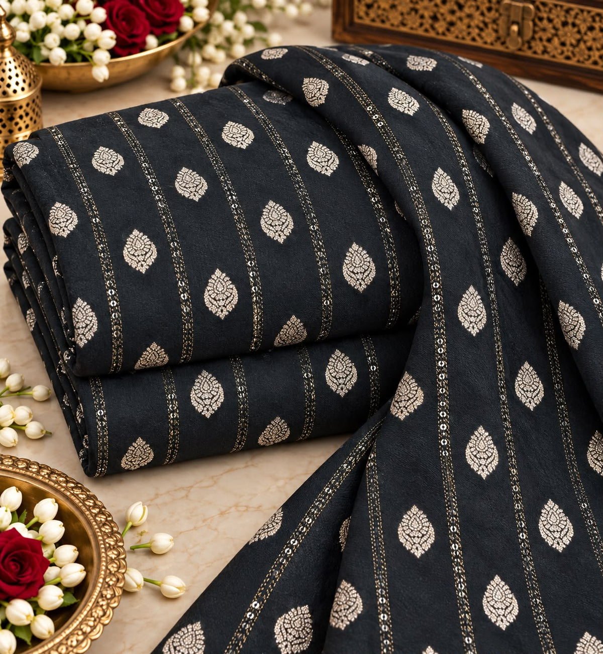 Black Zari Butti Sequin Stripe Fabric