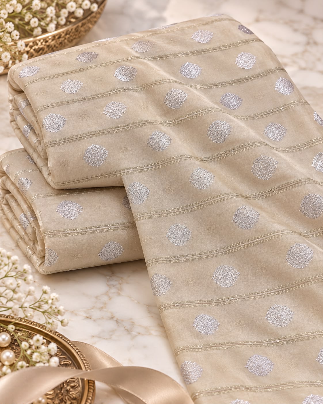 Champagne Beige Silver Butti Stripe Fabric