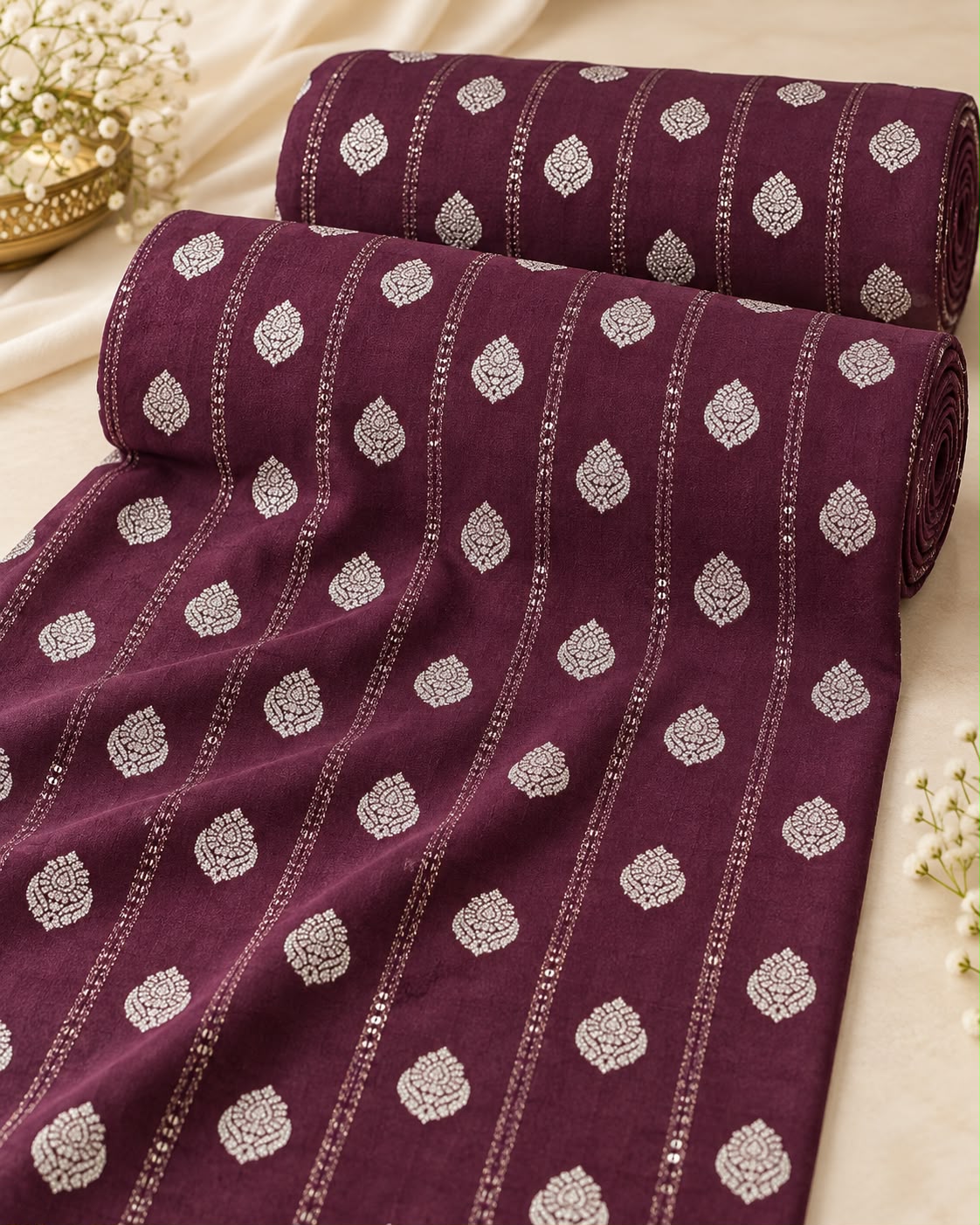 Wine Purple Silver Butti Sequin Stripe Fabric