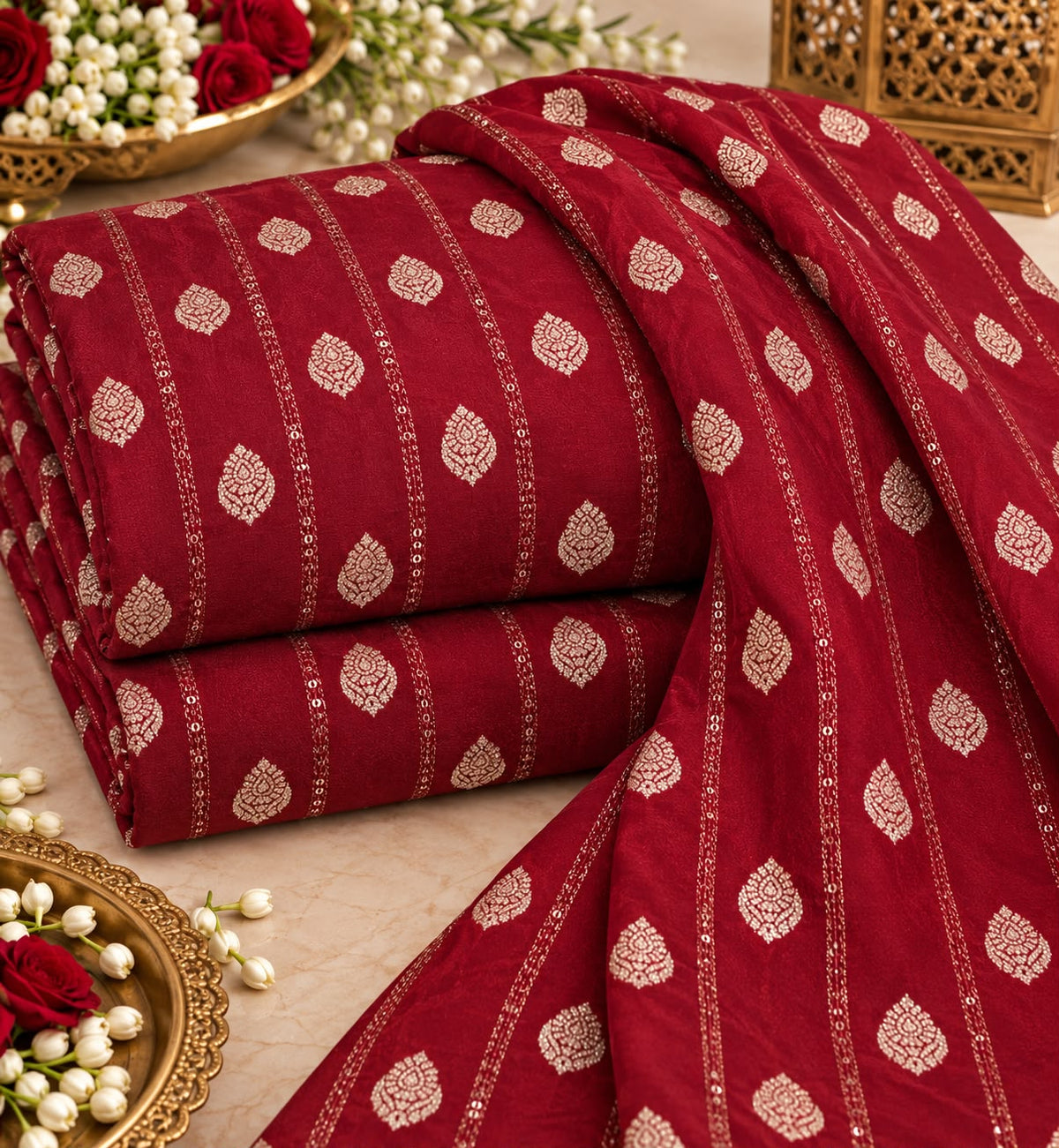 Deep Red Silver Butti Sequin Stripe Fabric