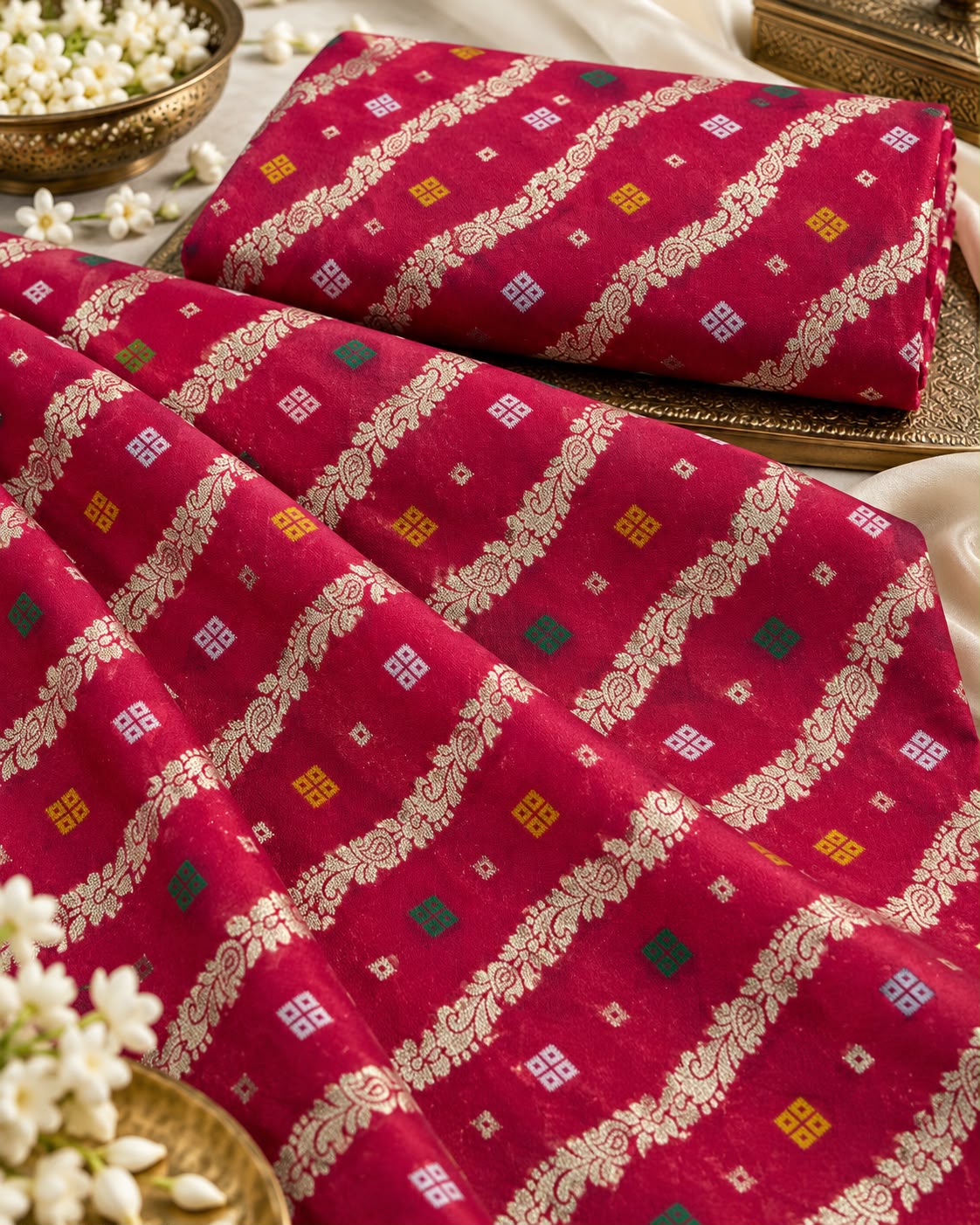 Rani Pink Multicolour Butti Zari Stripe Fabric