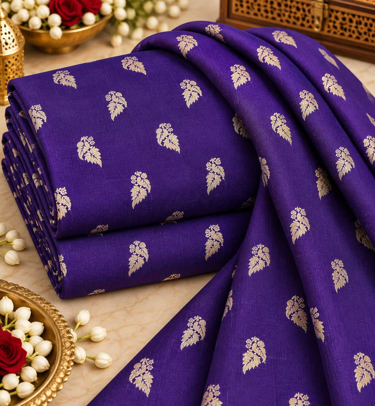 Royal Purple Gold Floral Butti Fabric