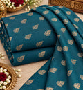 Peacock Teal Gold Floral Butti Fabric