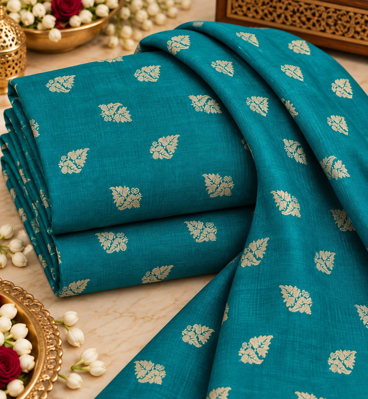 Turquoise Teal Gold Floral Butti Fabric