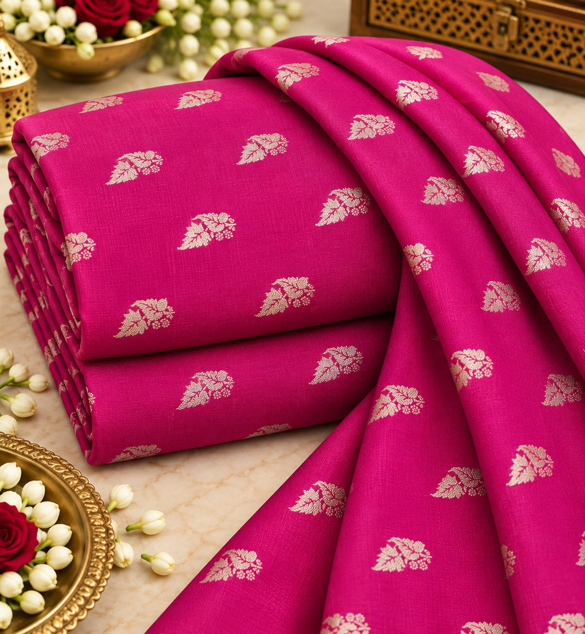 Rani Pink Gold Floral Butti Fabric