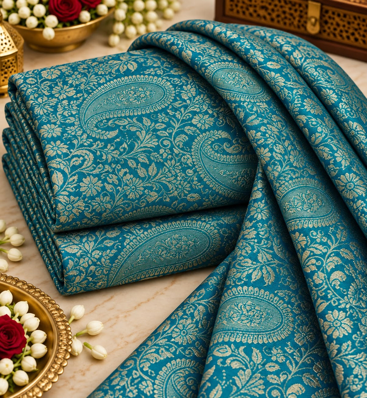 Peacock Teal Gold Paisley Brocade Fabric