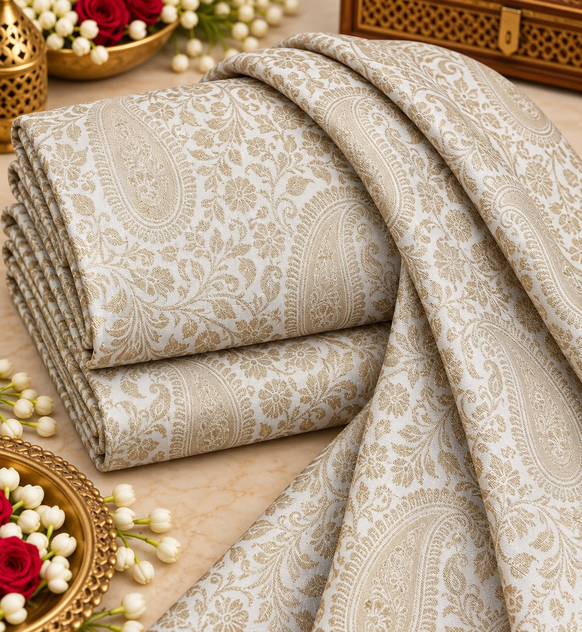 Ivory Gold Paisley Brocade Fabric