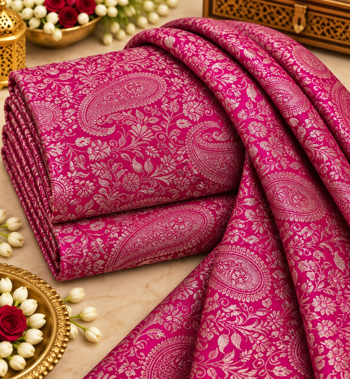 Rani Pink Paisley Floral Brocade Silk Fabric