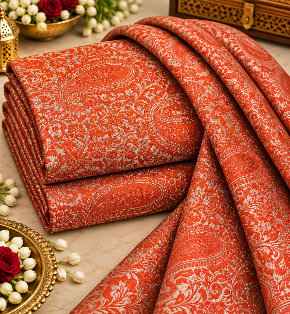 Vermilion Orange Paisley Floral Brocade Silk Fabric