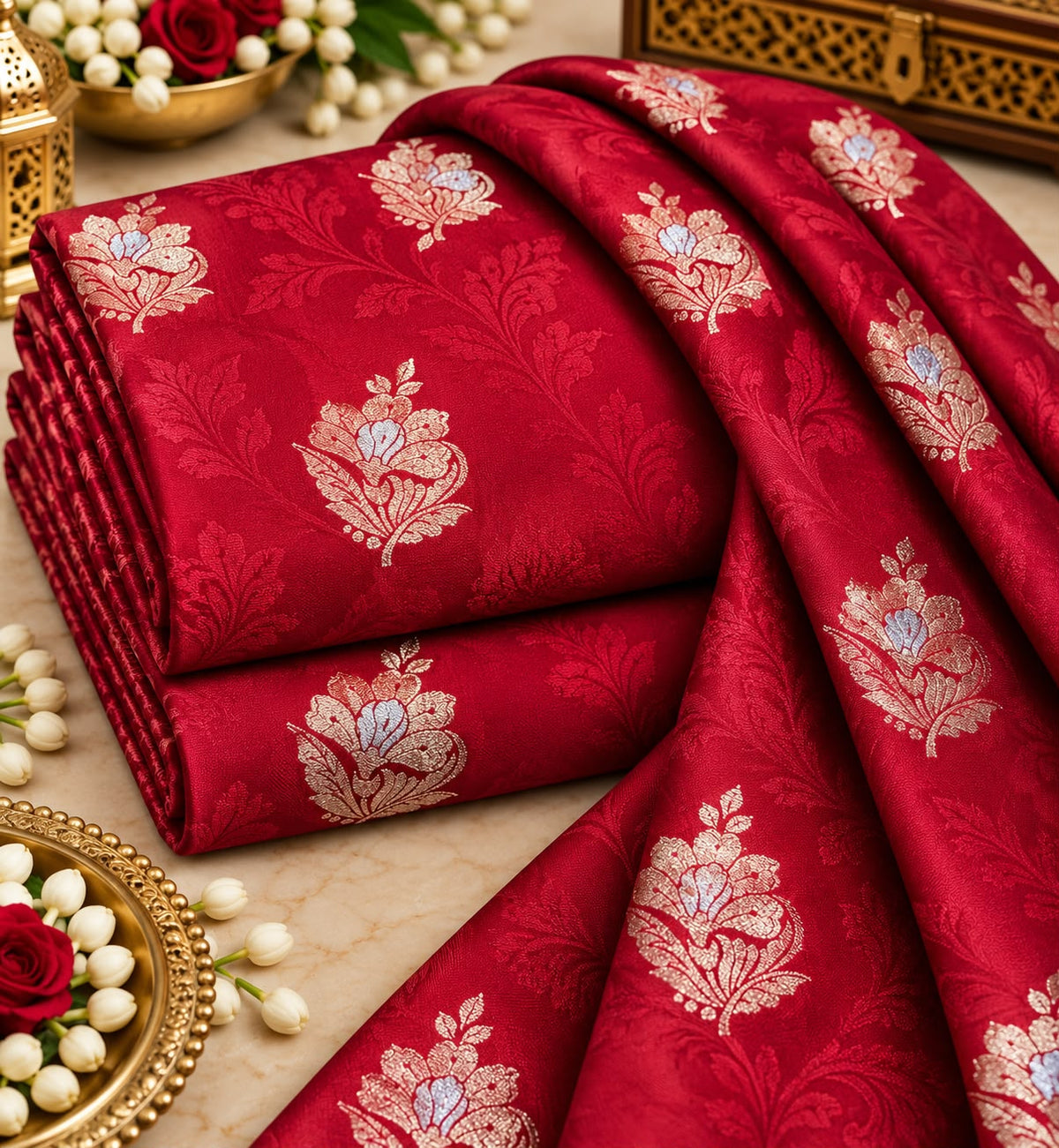 Ruby Red Floral Buti Jacquard Silk Fabric