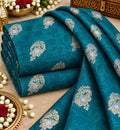 Peacock Teal Floral Buti Jacquard Silk Fabric