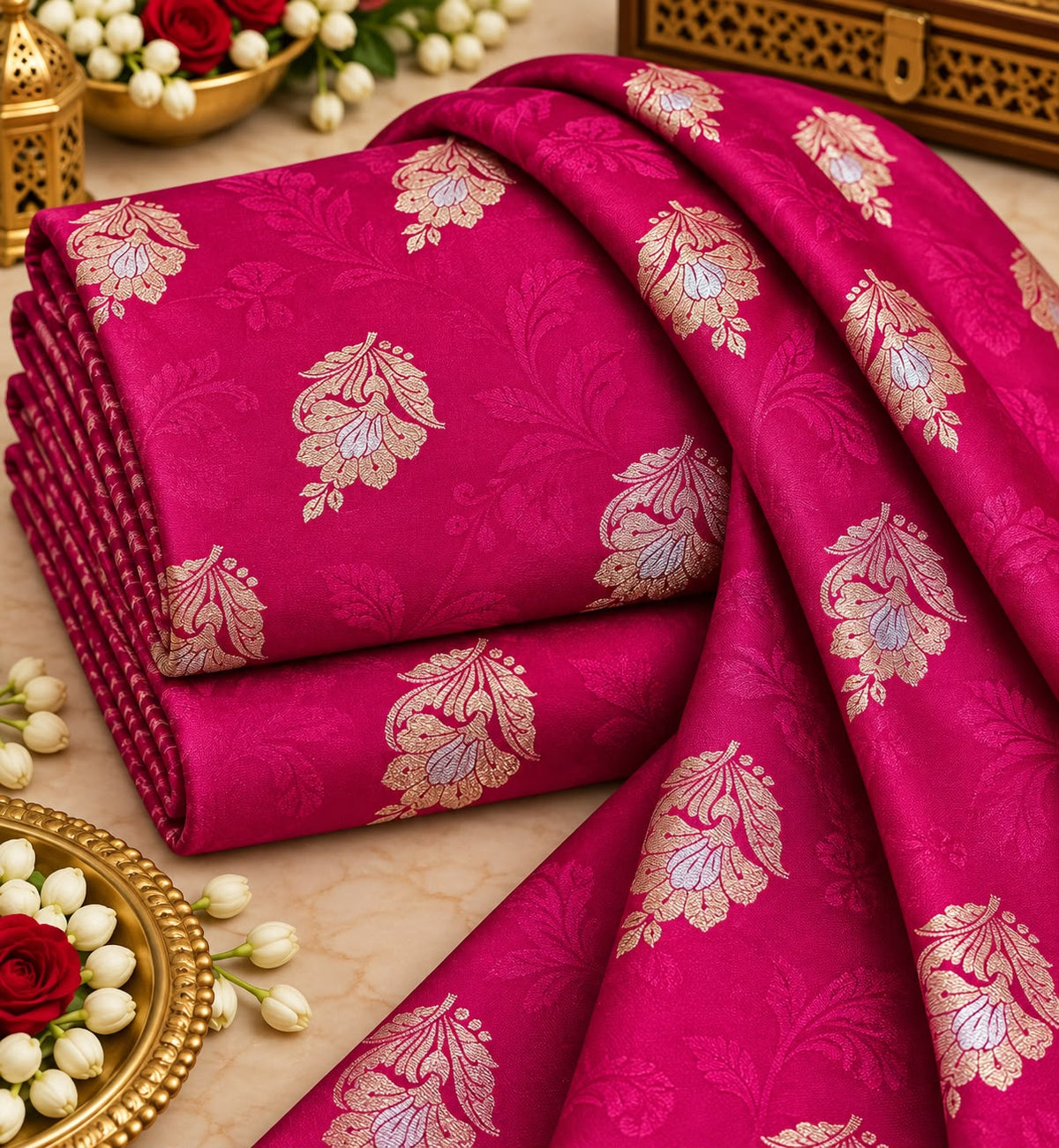 Rani Magenta Floral Buti Jacquard Silk Fabric