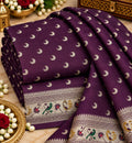 Deep Plum Crescent Buti Paithani Border Silk Fabric