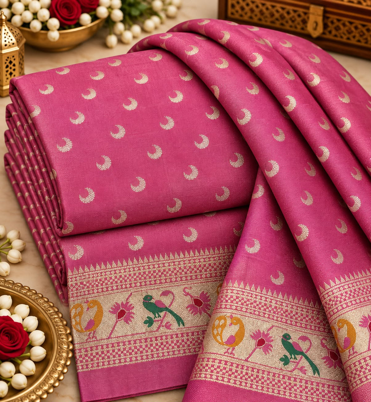 Rose Pink Crescent Buti Paithani Border Silk Fabric