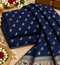 Royal Navy Crescent Buti Paithani Border Silk Fabric