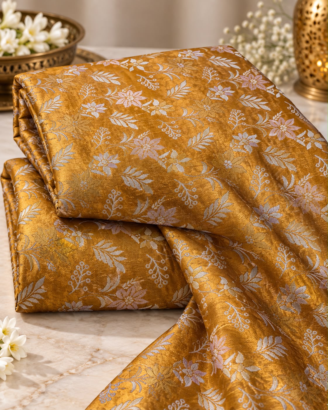 Antique Mustard Gold Floral Jacquard Fabric