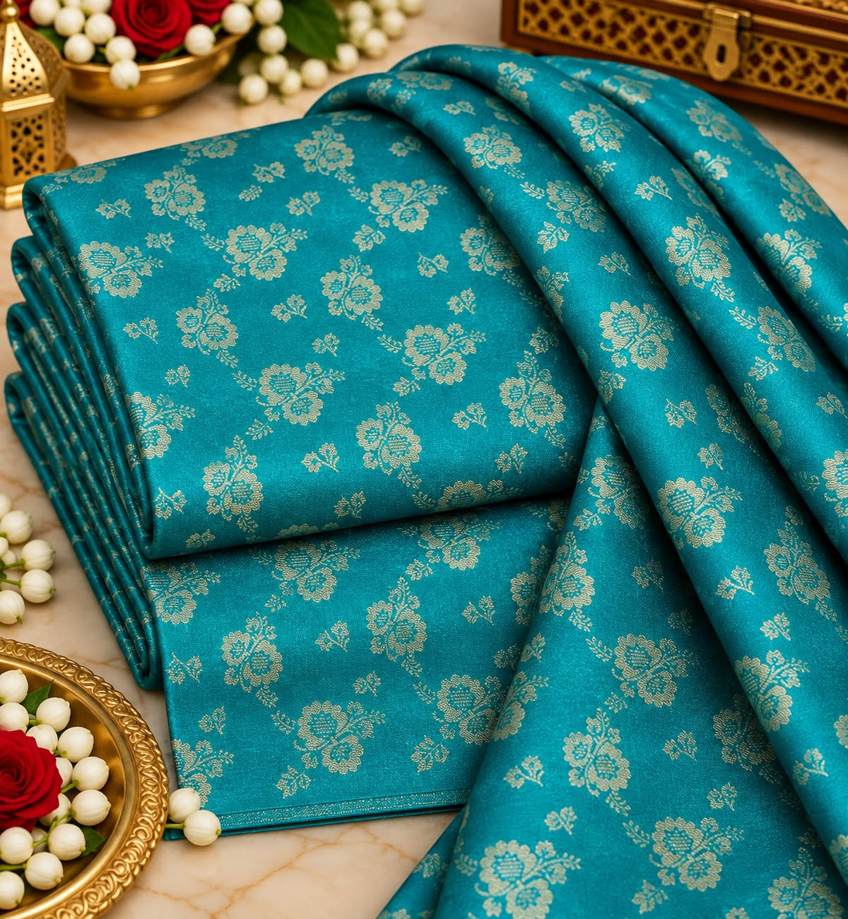 Peacock Teal Small Floral Jacquard Silk Fabric