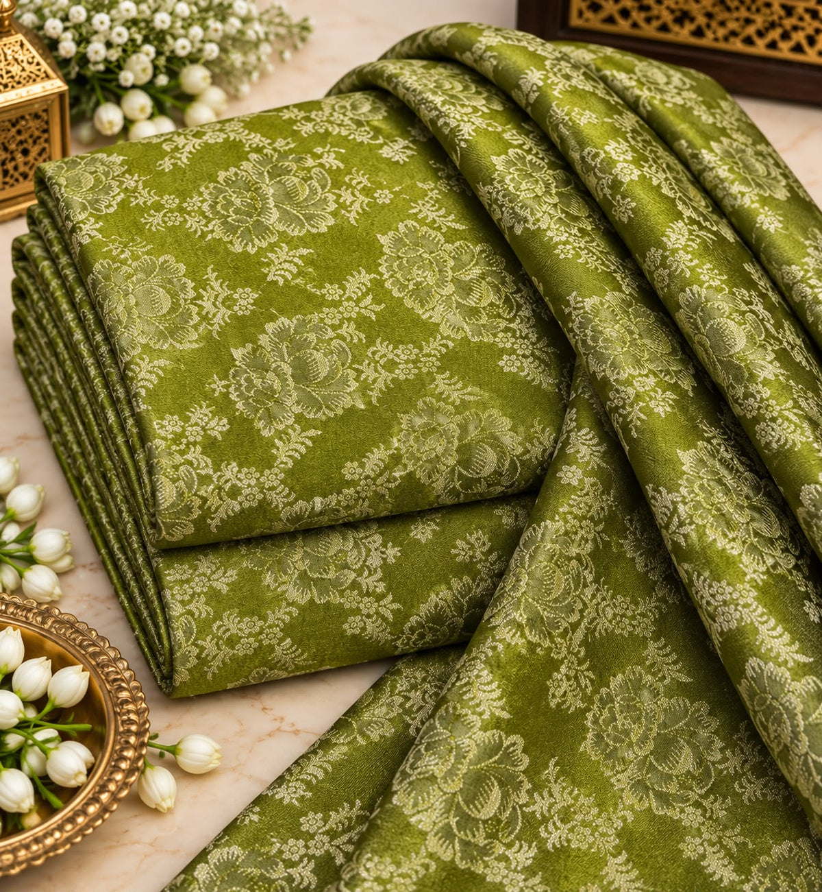 Olive Green Floral Brocade Silk Fabric