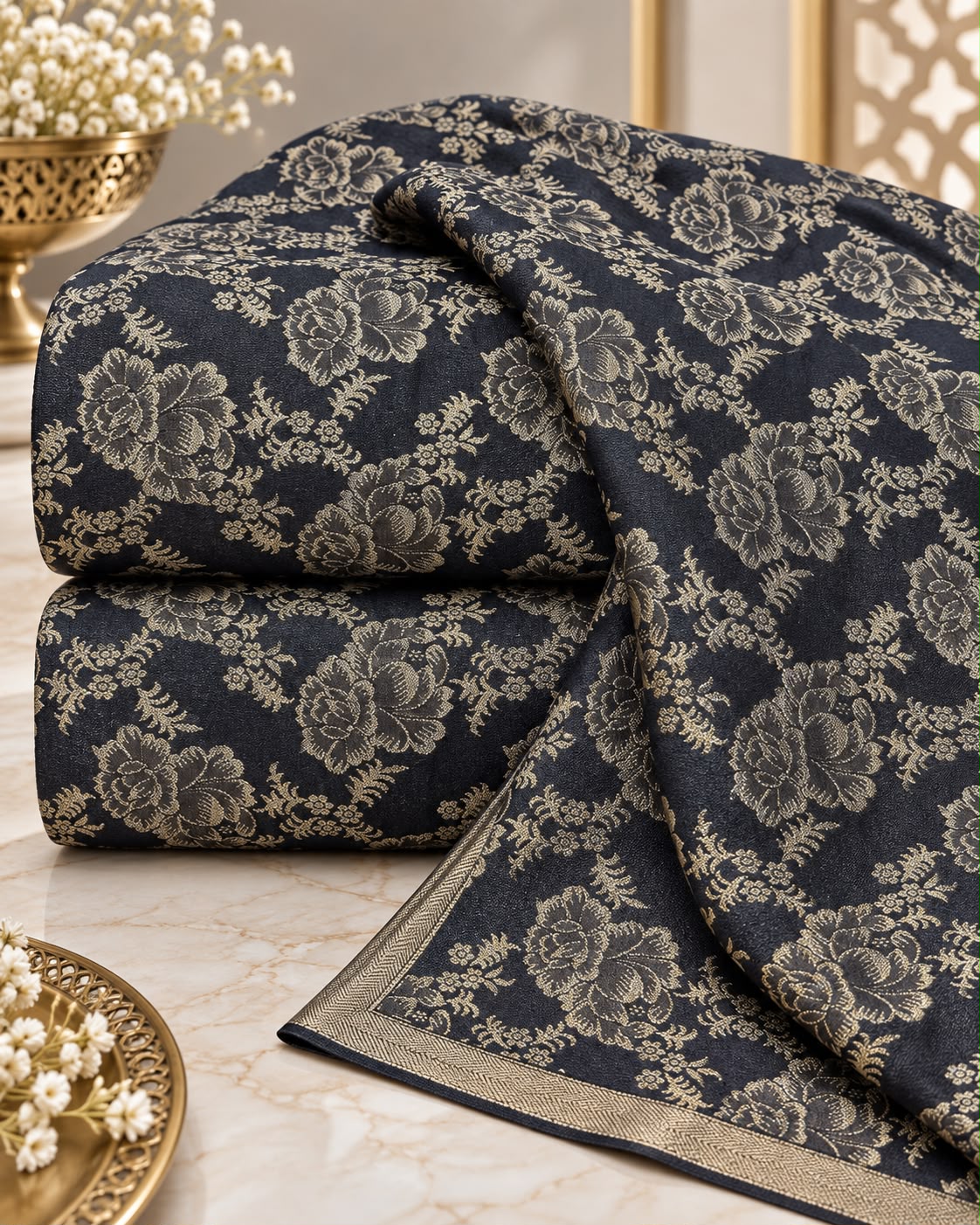Midnight Black Gold Floral Brocade Silk Fabric