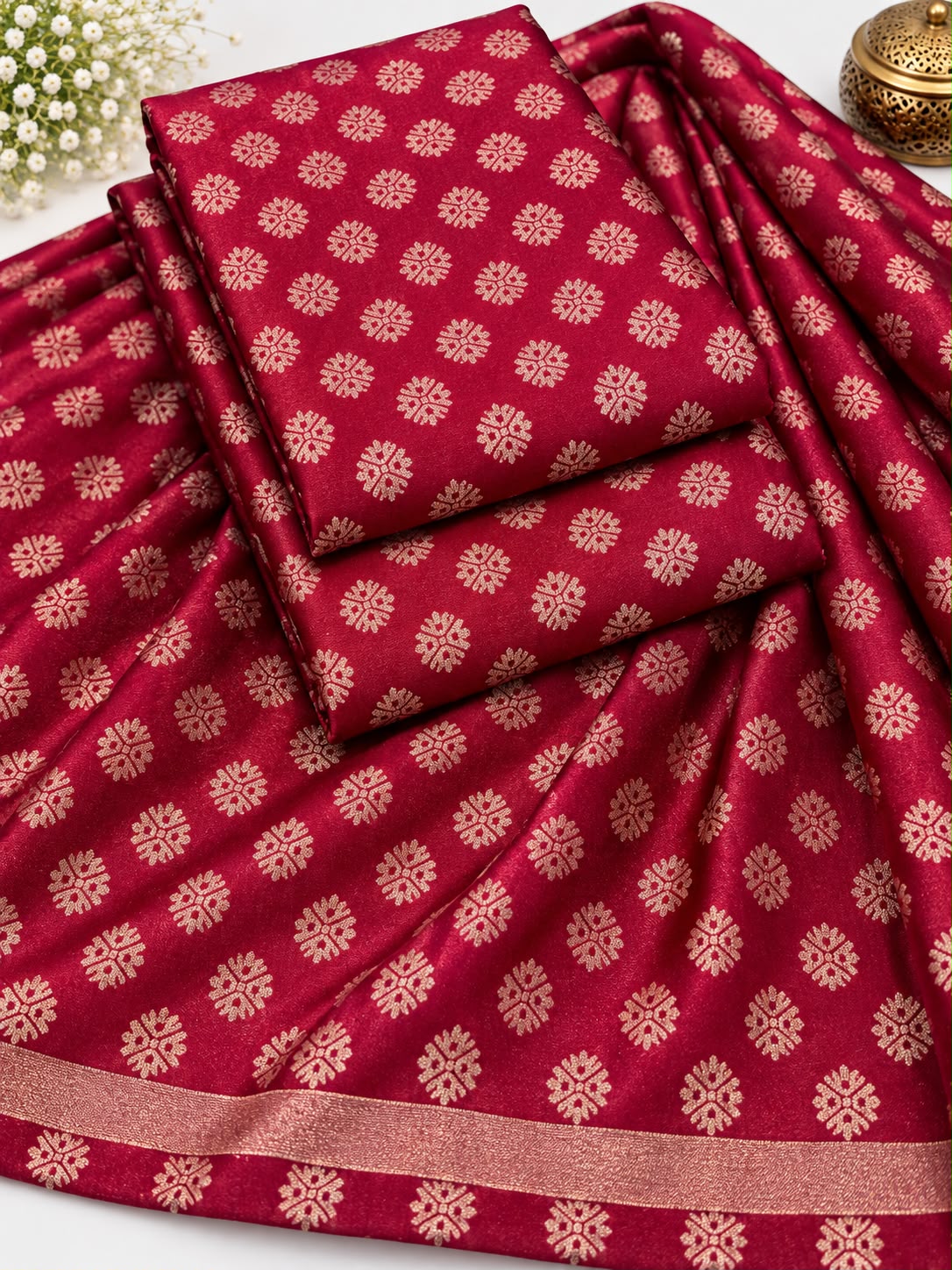 Crimson Red Gold Buti Brocade Silk Fabric