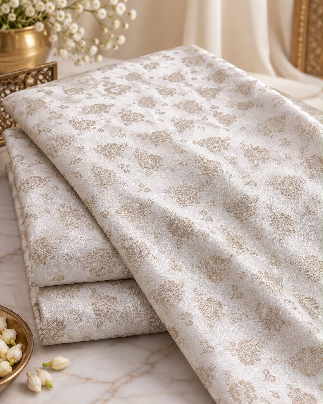 Ivory Gold Floral Jacquard Silk Fabric