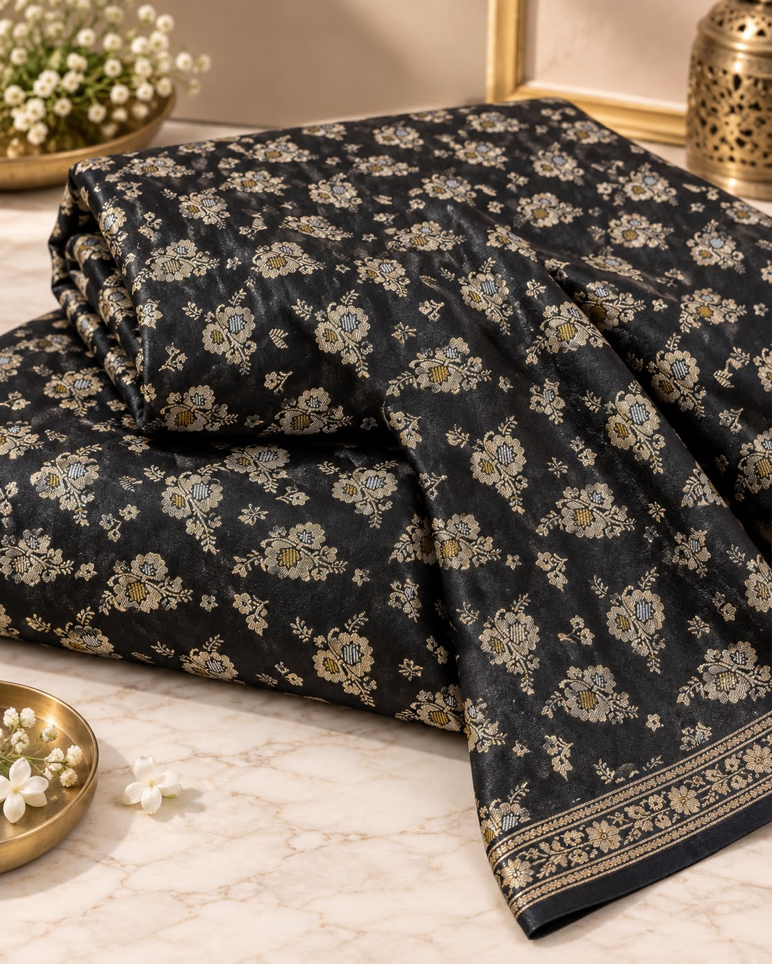 Black Multicolour Floral Brocade Silk Fabric