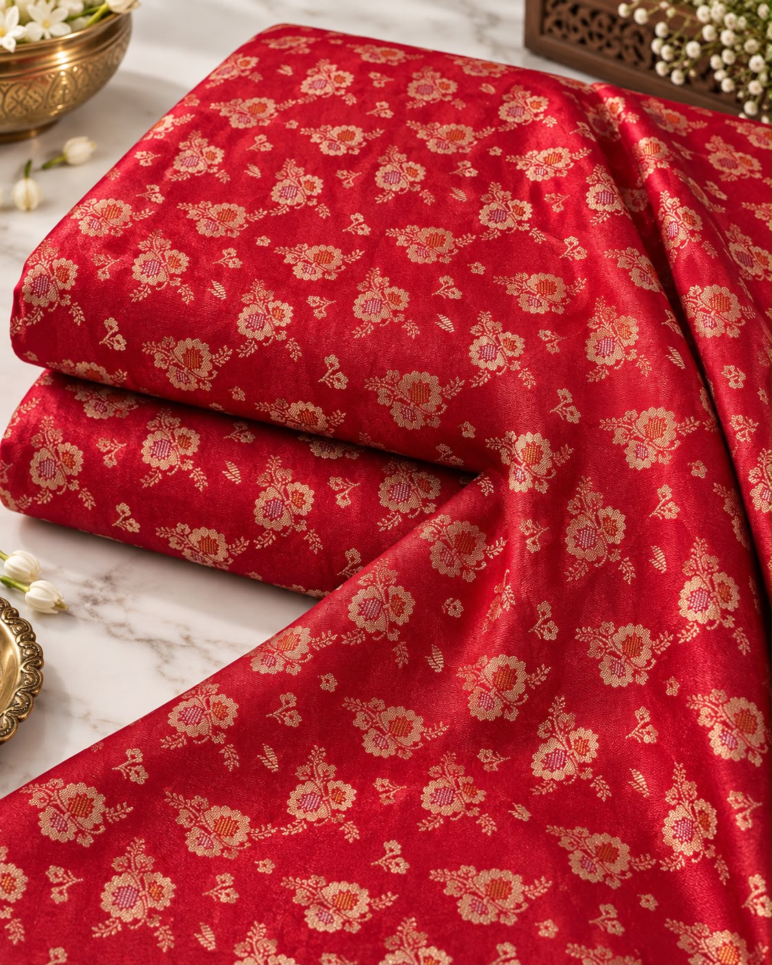 Festive Red Multicolour Floral Brocade Silk Fabric