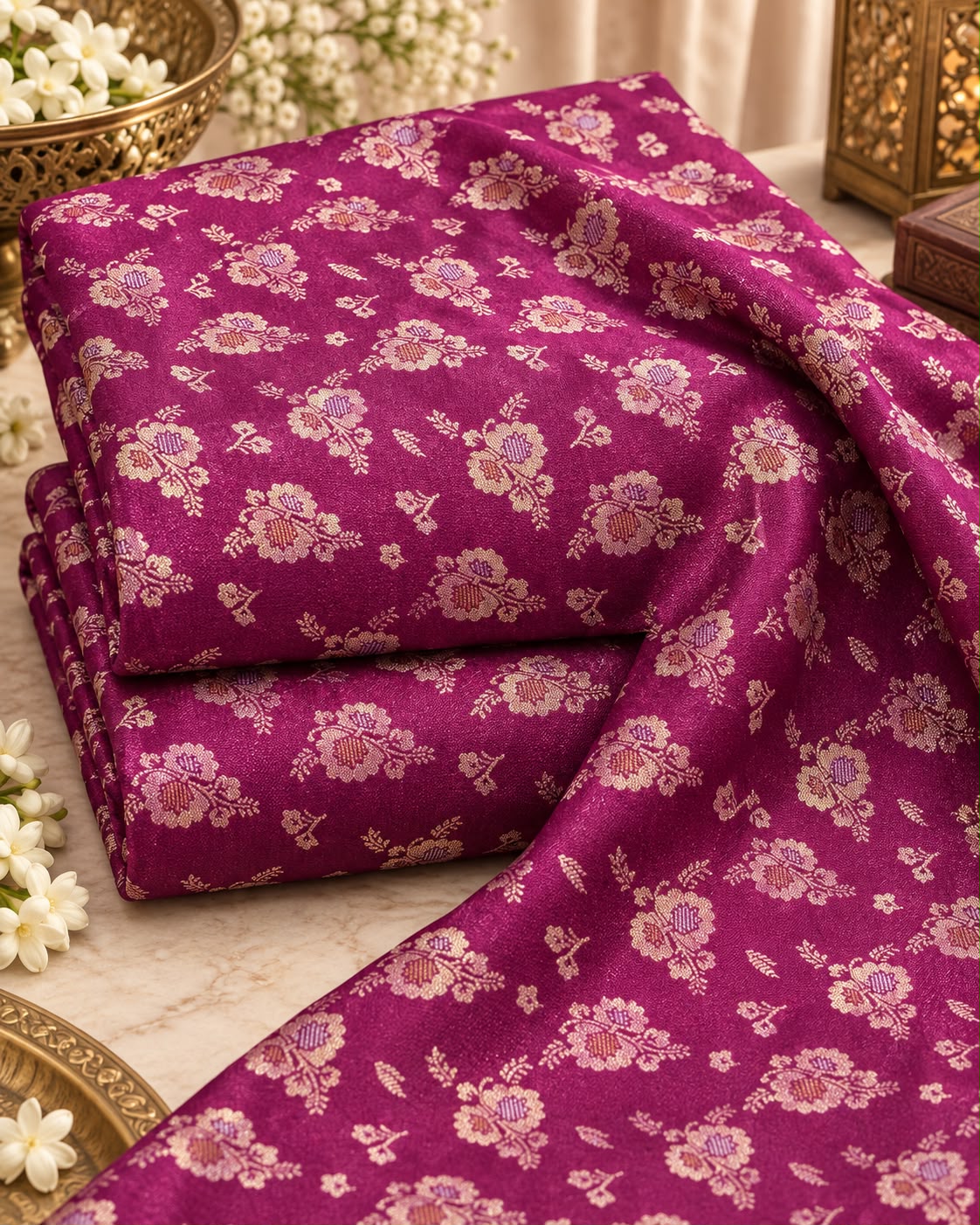 Royal Magenta Multicolour Floral Brocade Silk Fabric
