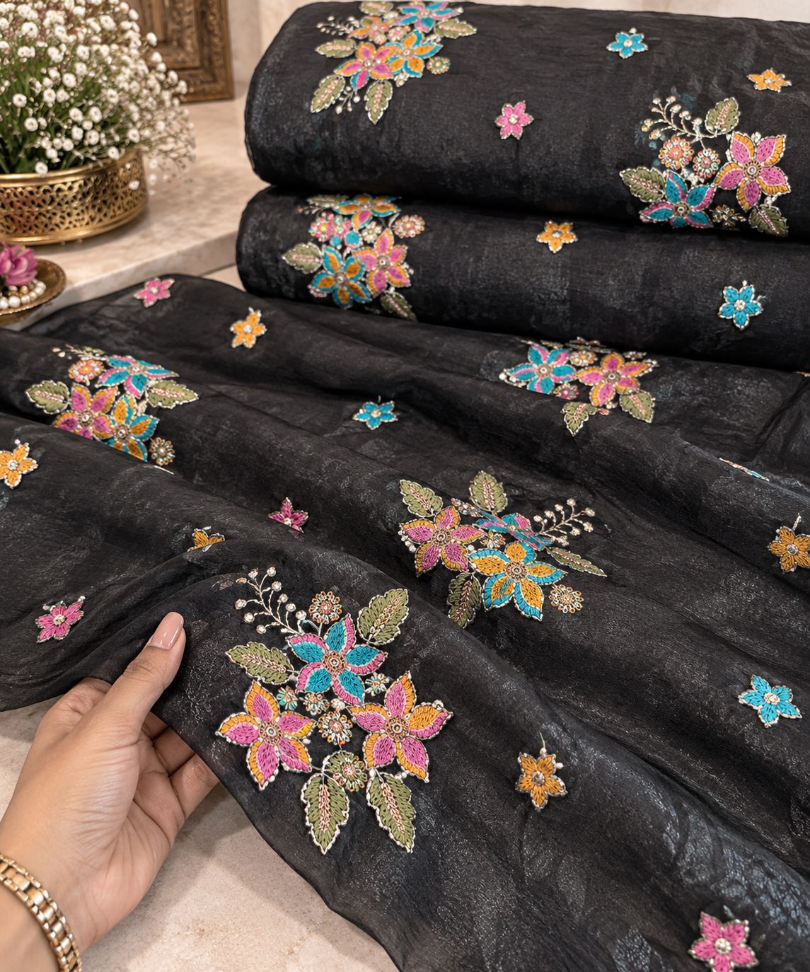 Black Multicolor Floral Embroidered Fabric