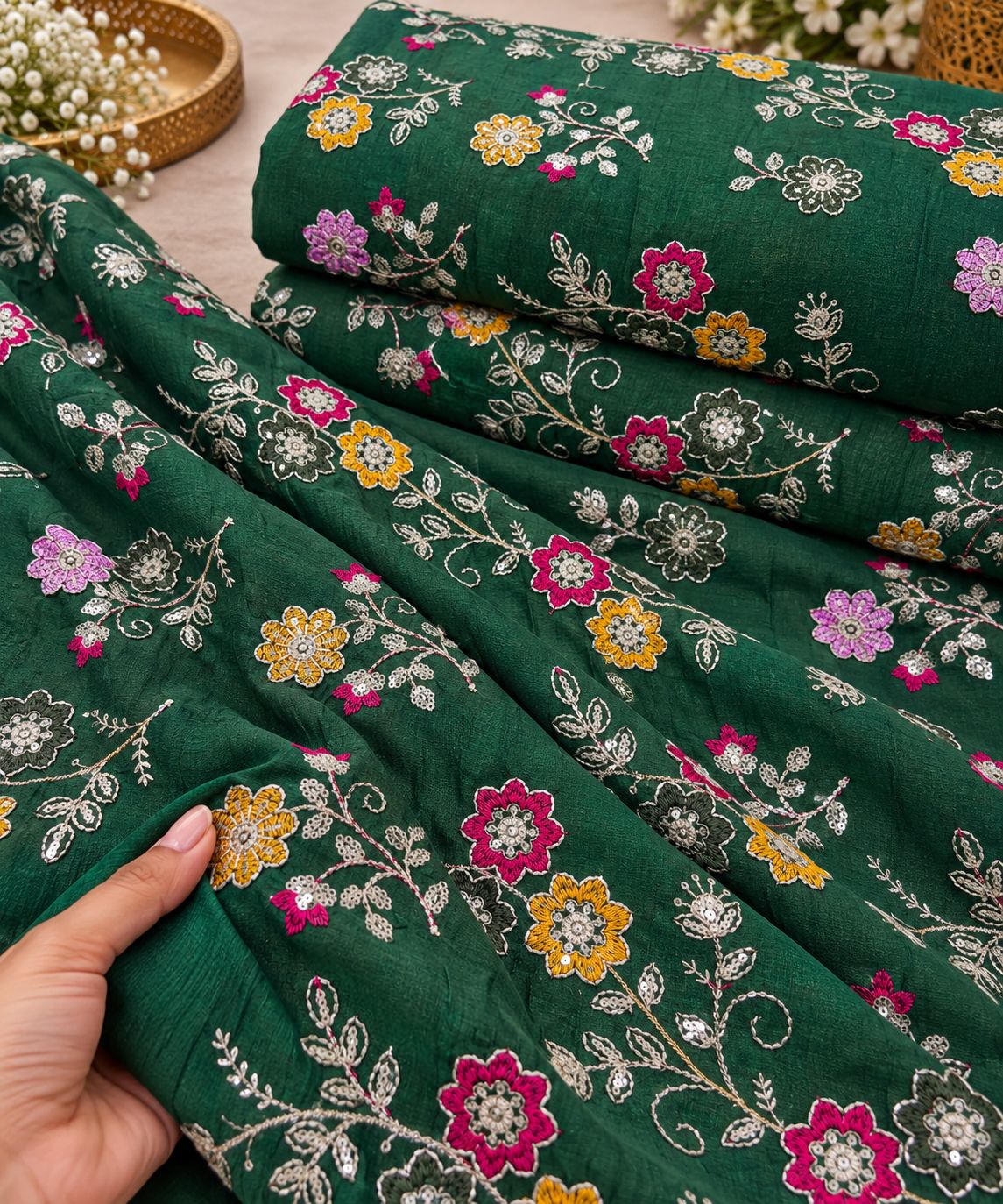 Emerald Green Floral Vine Embroidered Fabric