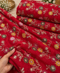 Ruby Red Floral Vine Embroidered Fabric