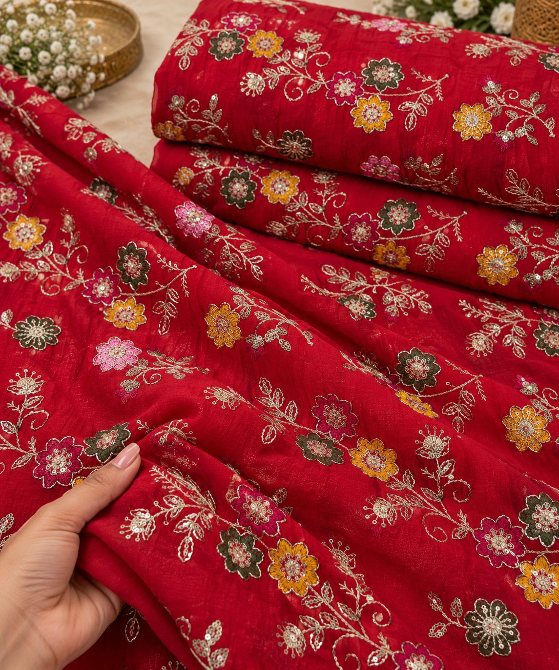 Ruby Red Floral Vine Embroidered Fabric