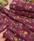 Wine Floral Vine Embroidered Fabric