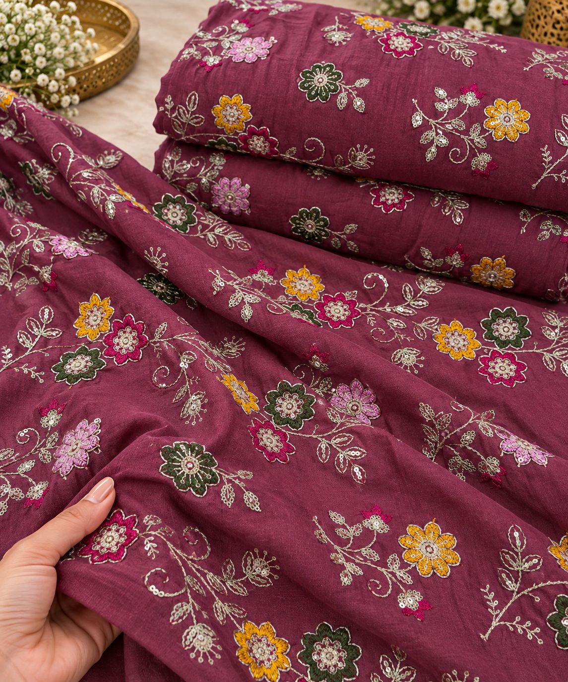 Wine Floral Vine Embroidered Fabric