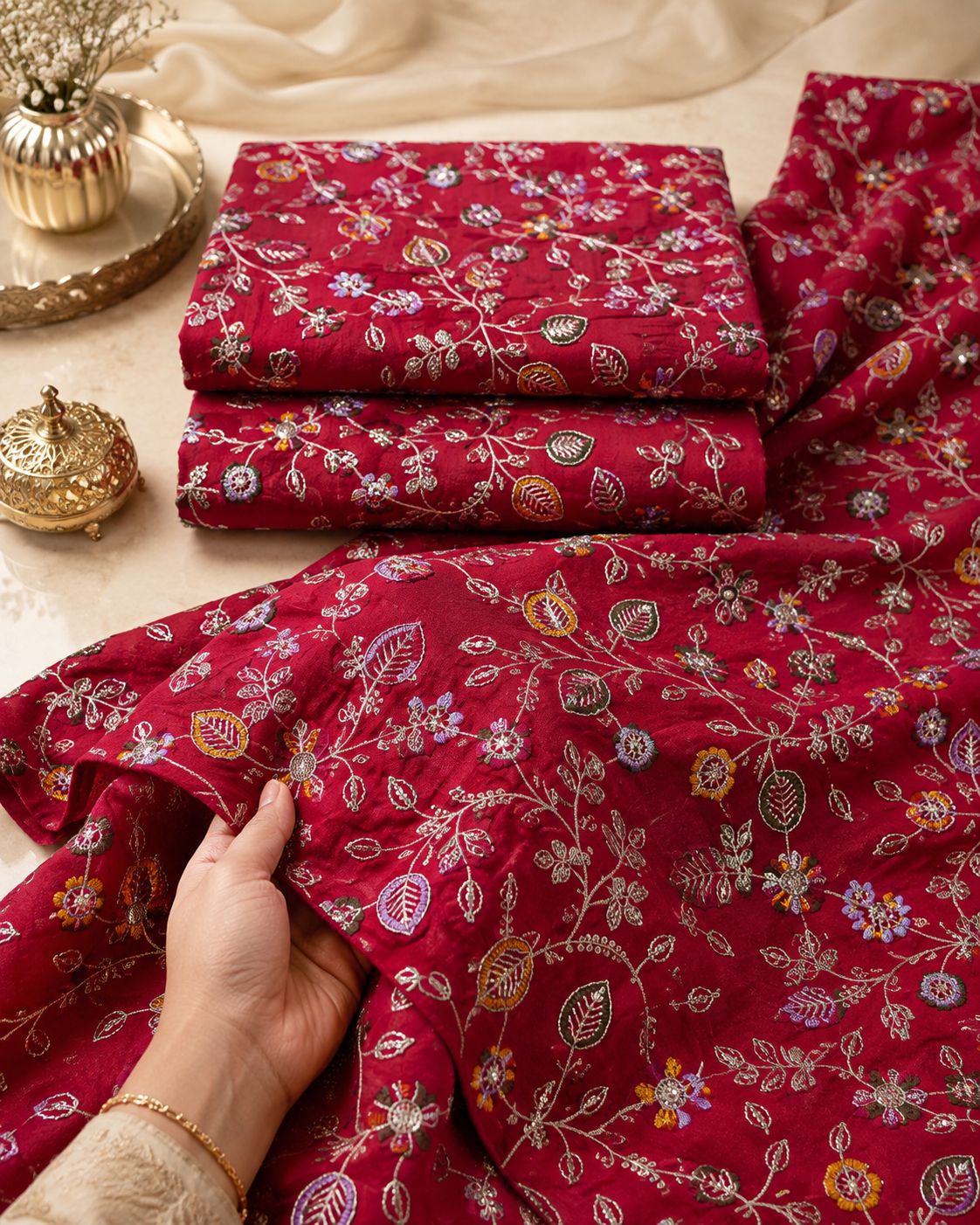 Crimson Red Botanical Vine Embroidered Fabric