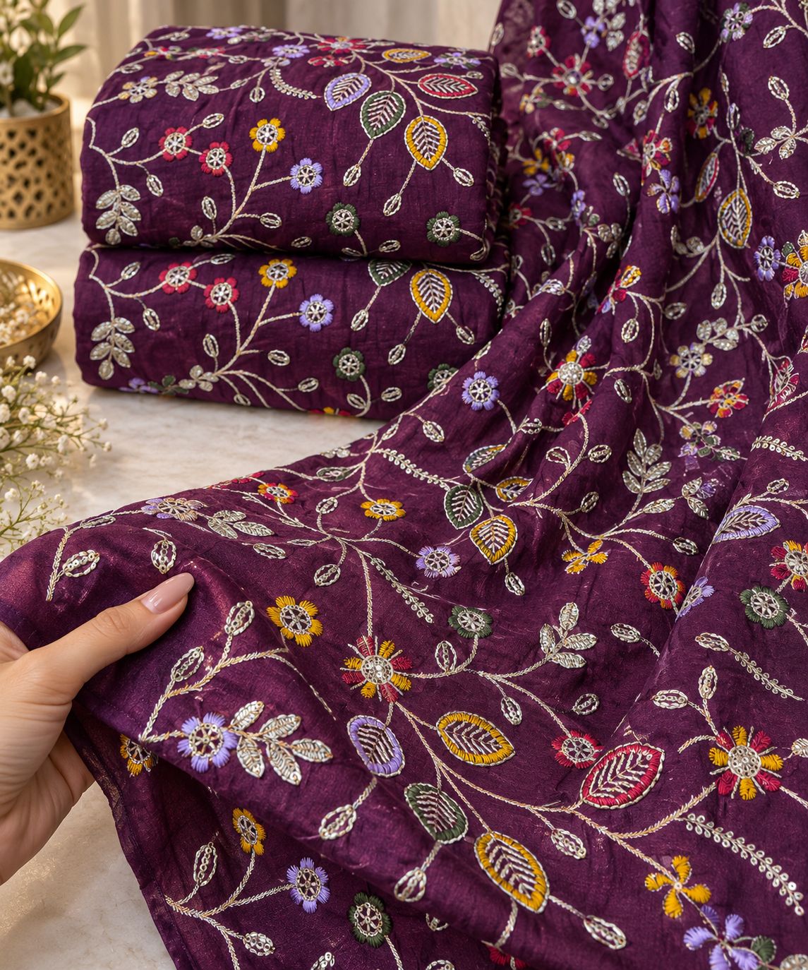 Deep Plum Botanical Vine Embroidered Fabric
