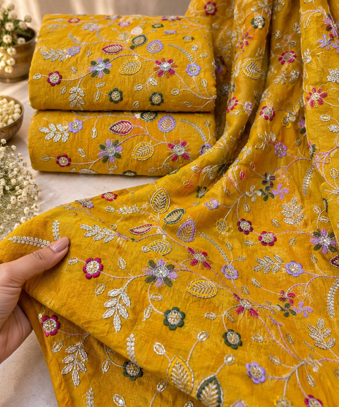 Mustard Gold Botanical Vine Embroidered Fabric