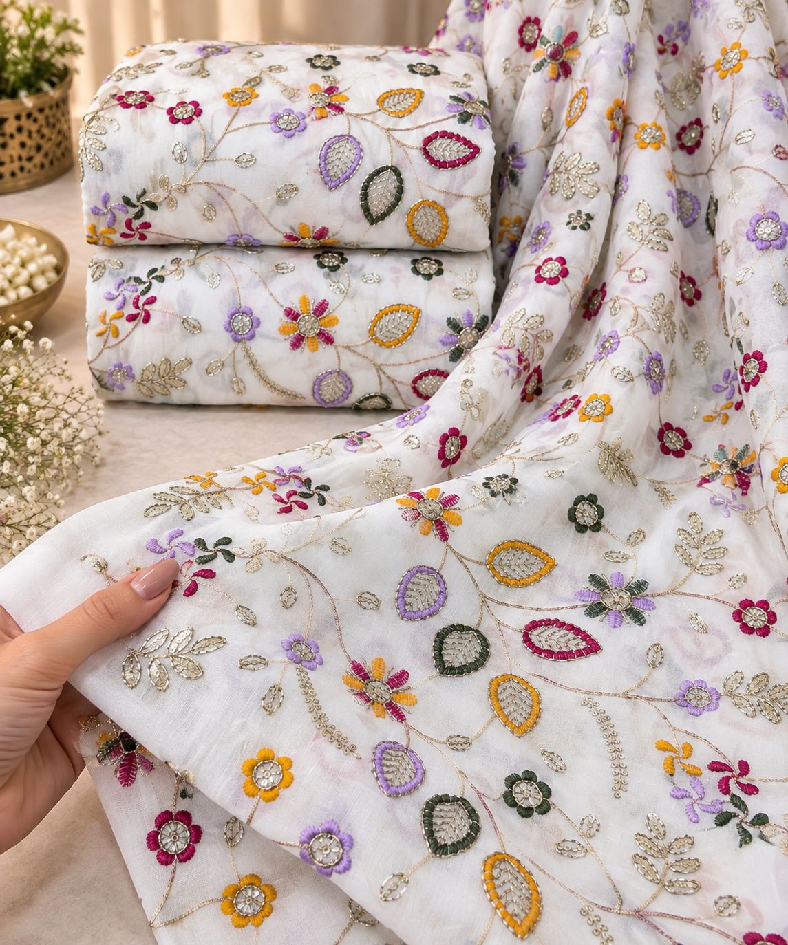 Ivory Botanical Vine Embroidered Fabric