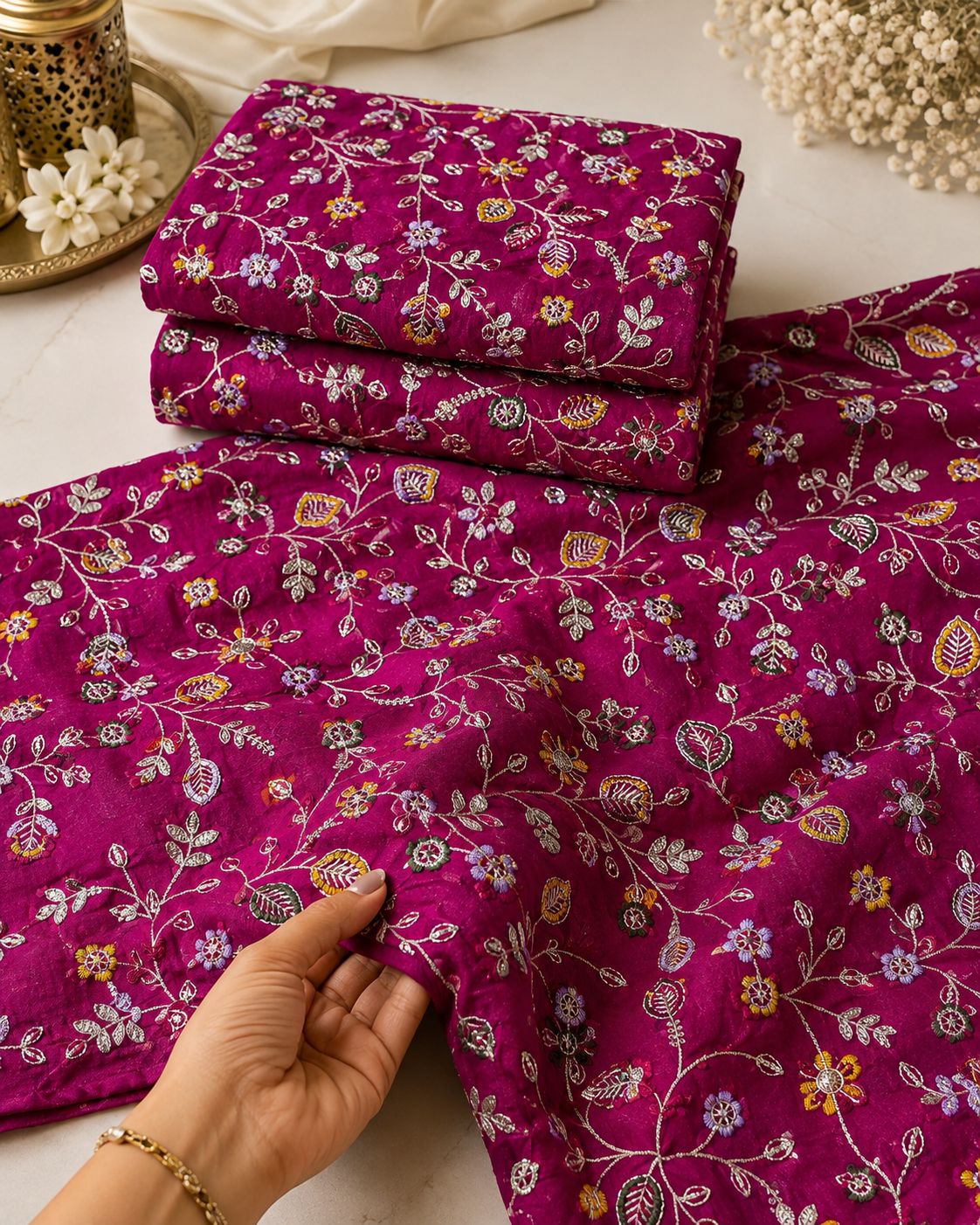 Rani Pink Botanical Vine Embroidered Fabric