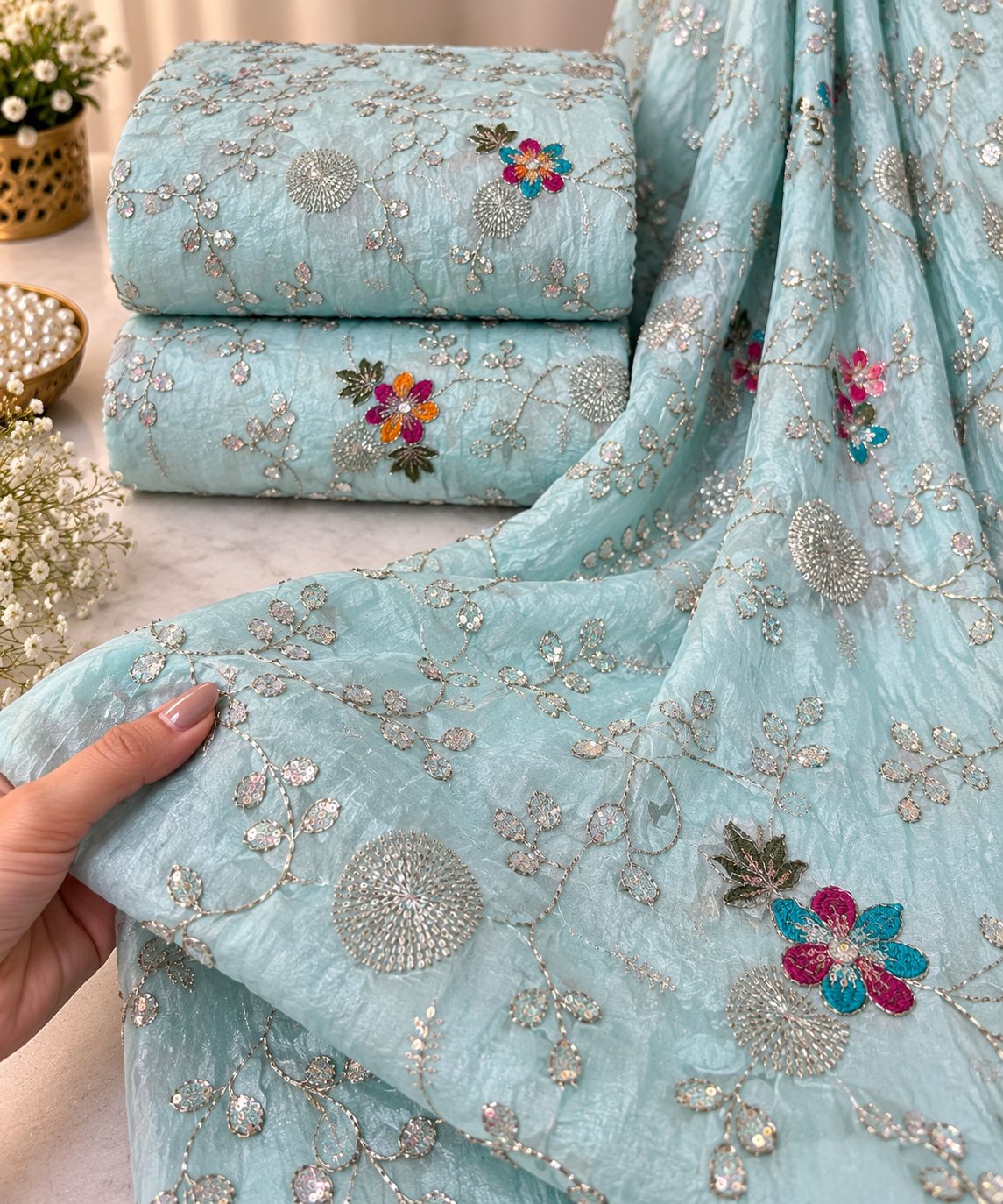 Aqua Blue Multicolor Floral Sequin Embroidered Organza