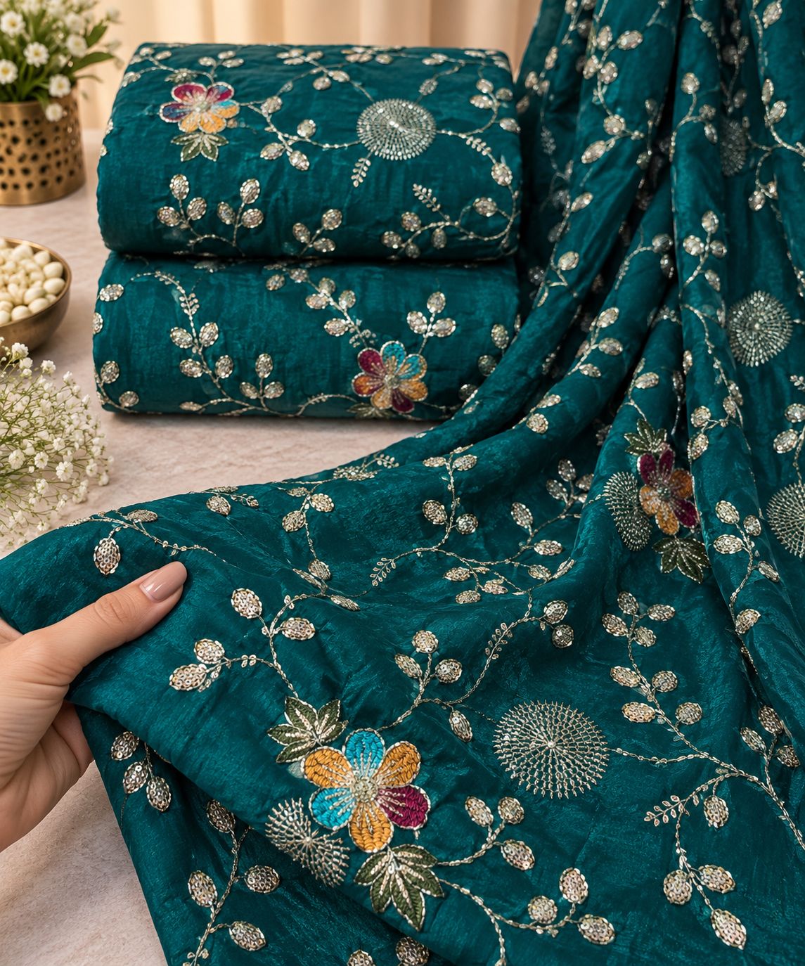 Deep Teal Multicolor Floral Sequin Embroidered Organza