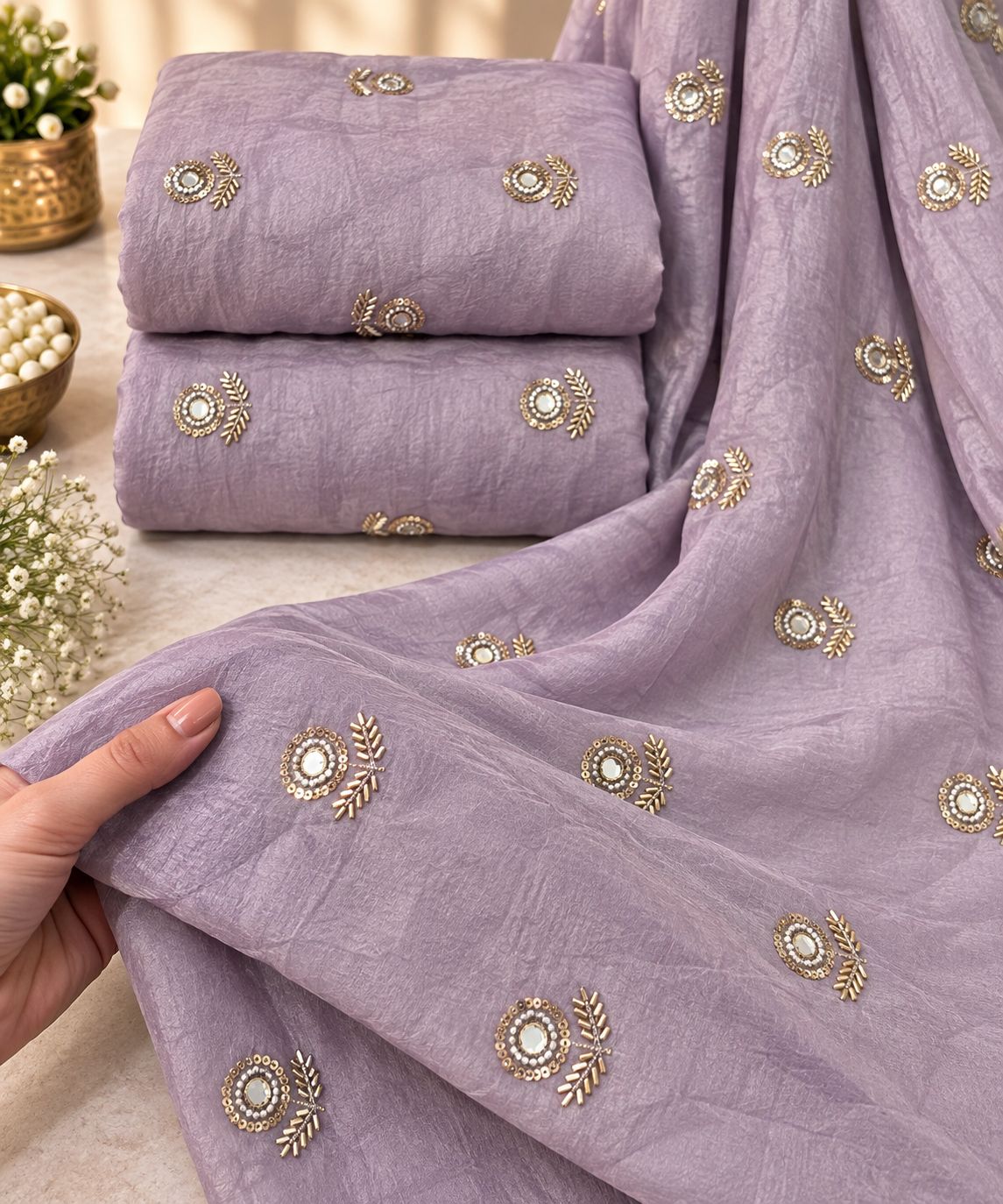 Lavender Mirror Butti Embroidered Organza